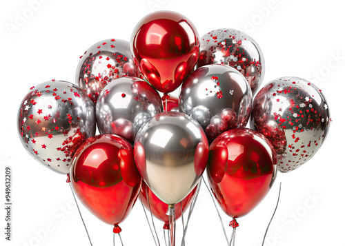 A close-up of a bunch of red and silver metallic latex balloons filled with red and silver confetti