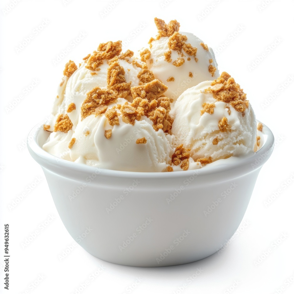 vanilla ice cream with crushed cookies, served in a white porcelain dish. vanilla ice cream with crushed cookies, served in a white porcelain dish.