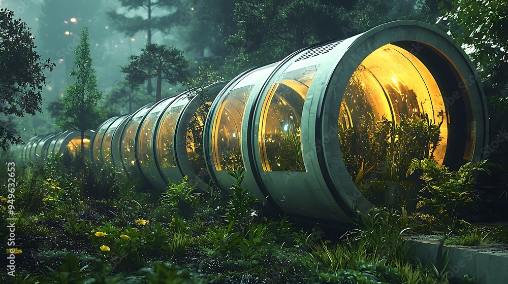 Circular futuristic pods rest in a lush forest, blending advanced technology with nature�s tranquility. Circular futuristic pods rest in a lush forest, blending advanced technology with nature�s tranquility.
