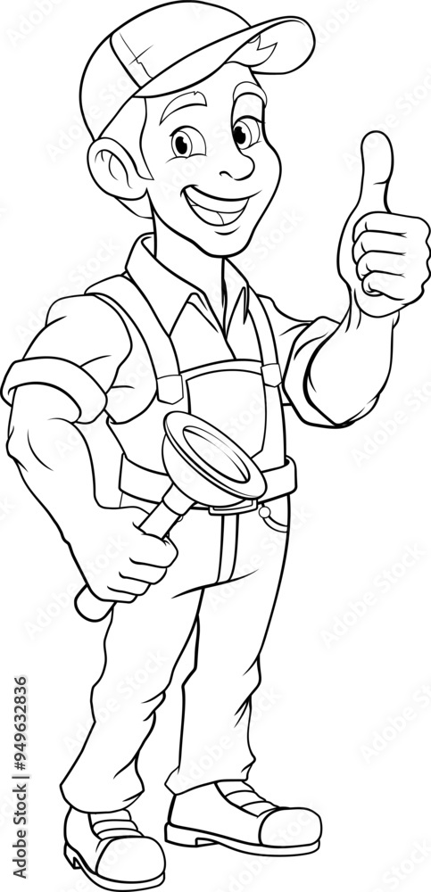 A plumber handyman plumbing construction cartoon mascot man holding a drain plunger tool. A plumber handyman plumbing construction cartoon mascot man holding a drain plunger tool.
