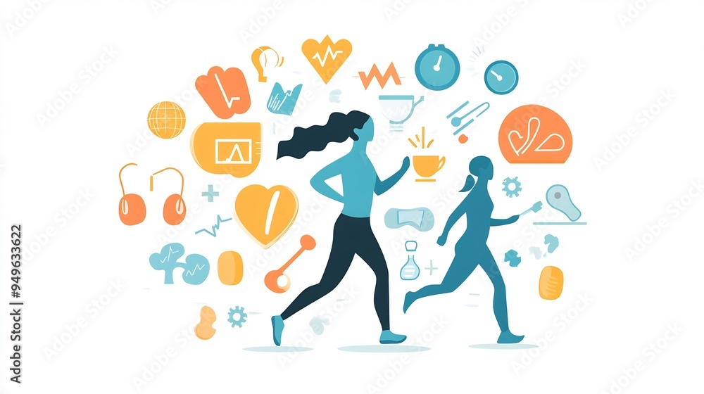 Vector of a healthy lifestyle with icons representing fitness nutrition and mental wellbeing Vector of a healthy lifestyle with icons representing fitness nutrition and mental wellbeing