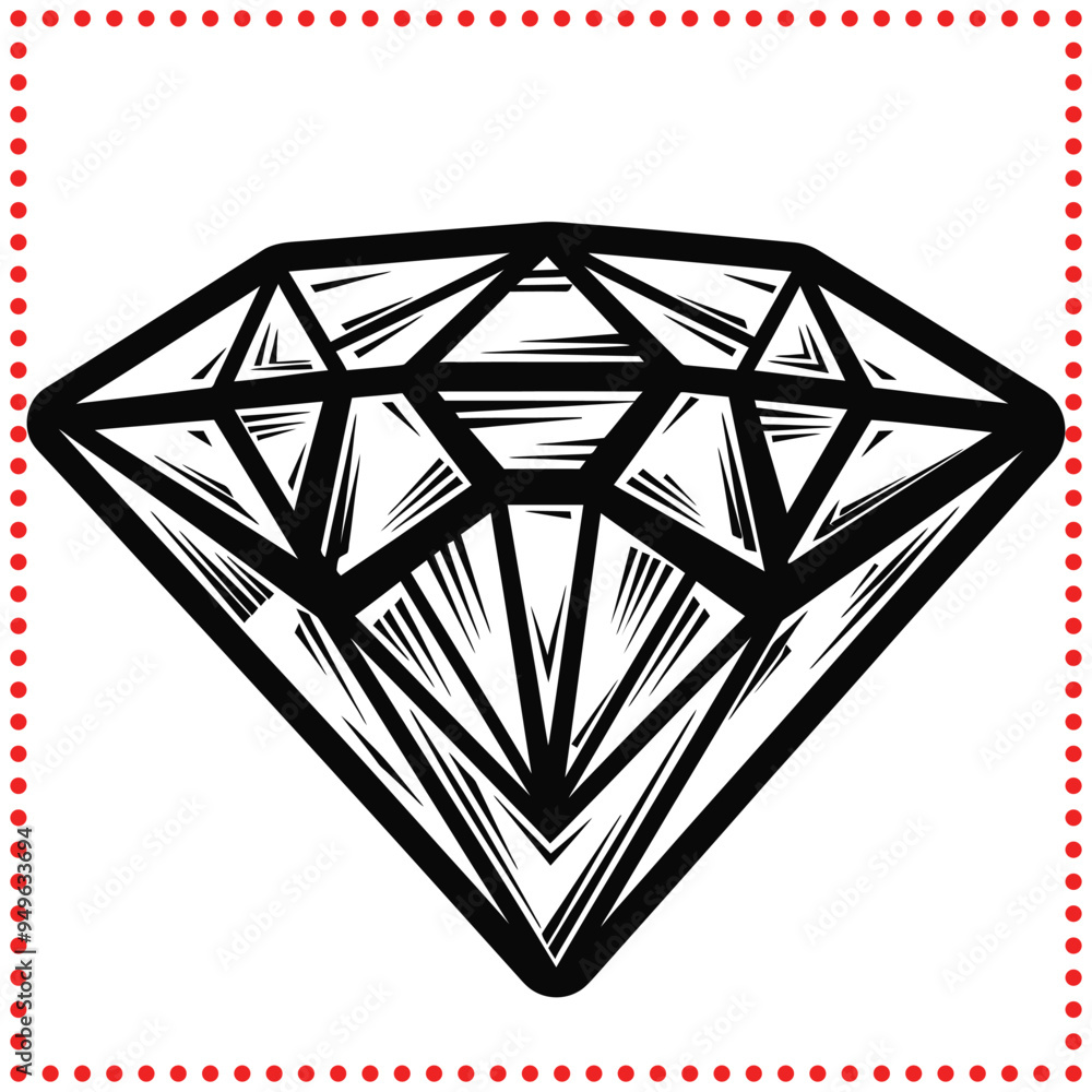 Monochrome Diamond Vector with Detailed Facet Patterns and Bold Lines Monochrome Diamond Vector with Detailed Facet Patterns and Bold Lines