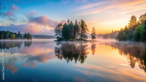 4. Soft cinereous fog envelops the tranquil lake's calm surface, reflecting the subtle hues of dawn's early light, a realistic photo image. photo