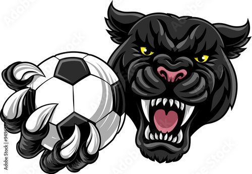 Black panther leopard or jaguar cat soccer football sports team mascot holding a ball