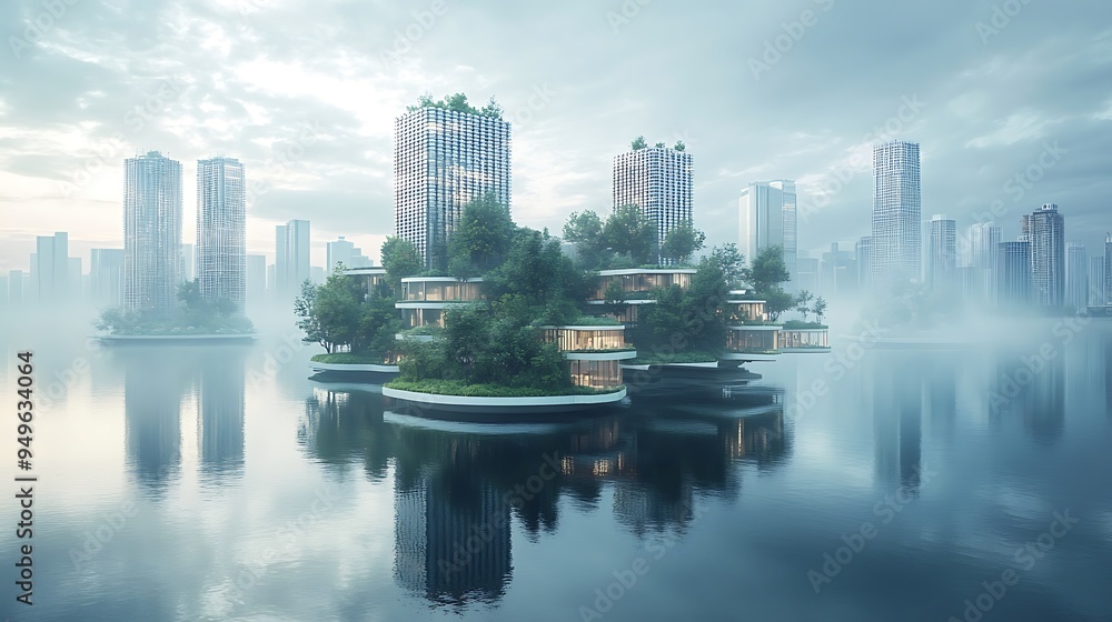 Fototapeta premium Eco-friendly floating city skyscrapers with green rooftops reflect in the surrounding water, showcasing sustainable innovation.
