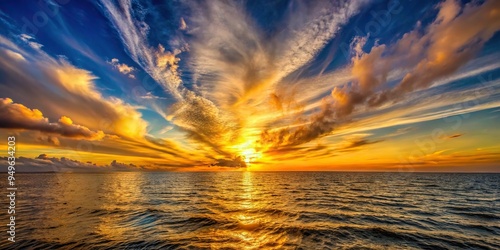 9. A vibrant citrine-tinged sunset unfolding over a tranquil ocean horizon, with wispy clouds streaked across the sky, a realistic photo image. photo