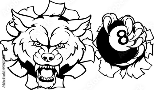 A wolf angry mean pool billiards mascot cartoon character holding a black 8 ball.