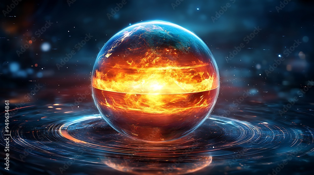 An abstract background of a burning Earth sphere evokes a powerful and dramatic sense of planetary distress. An abstract background of a burning Earth sphere evokes a powerful and dramatic sense of planetary distress.