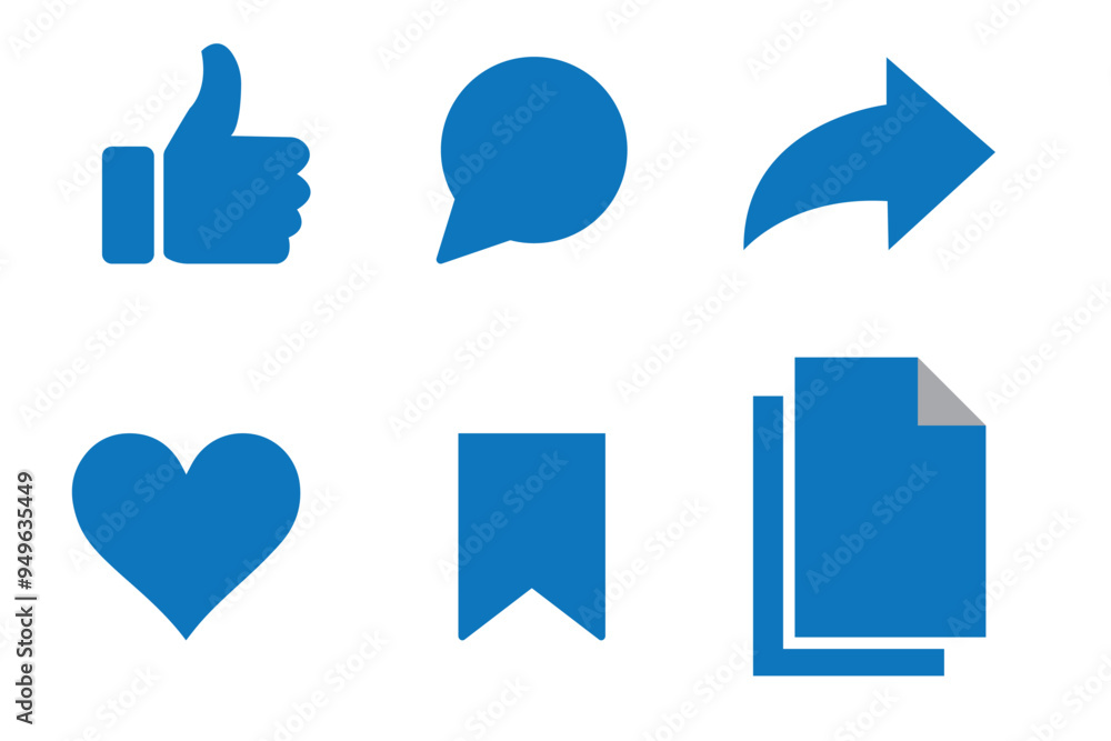Obraz premium Like, comment, share icon buttons and Thumbs up and love heart flat Black line art icon in modern speech bubble shapes , Social media notification icons. emoji post reactions set. Vector illustration