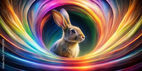 Rabbit vector form emerging from a fantastical swirling vortex of colors and patterns in a futuristic design photo