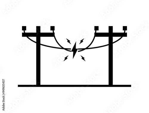 Black broken electric wire of high power voltage pole is damaged and short circuit spark cause danger electrocution risk icon flat vector design