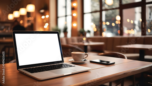 Laptop with a blank screen for mock-up and coffee cup on a wooden table in modern cozy cafe setting.