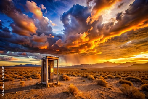 abandoned old payphone in remote desert landscape vintage nostalgic warm vibrant colors cinematic wide-angle landscape dramatic cloudscape photo