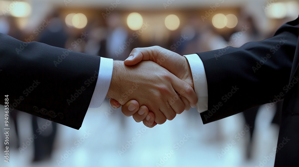 Close-up shot of two business people in formal wear shaking hands with a blurred busy office environment in the background, symbolizing a partnership Close-up shot of two business people in formal wear shaking hands with a blurred busy office environment in the background, symbolizing a partnership