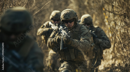 A group of soldiers are in a forest, one of them is holding a rifle