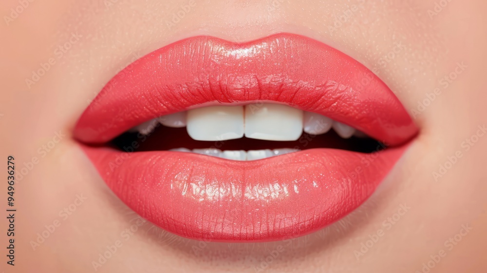 Close-up of beautifully painted lips in a soft peach hue, showcasing a glossy finish and perfect dental alignment. Close-up of beautifully painted lips in a soft peach hue, showcasing a glossy finish and perfect dental alignment.
