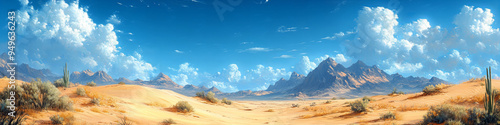 Desert Serenity: Expansive Desert Landscape with Cacti and Mountains, Clear Blue Sky, Daylight, Peaceful and Majestic Mood