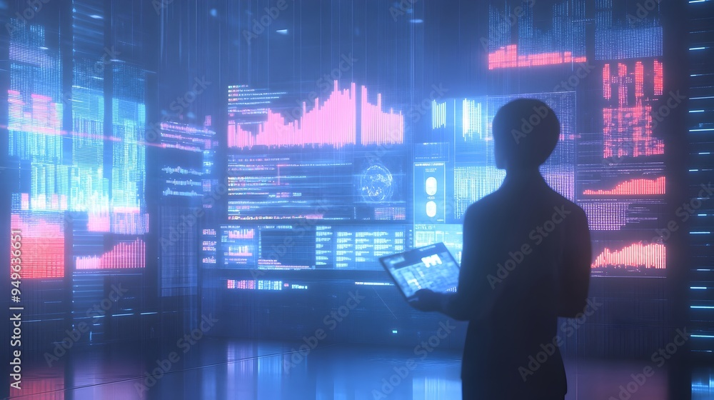 Market Data Analyst Examining Holographic Business Charts in 3D Market Data Analyst Examining Holographic Business Charts in 3D