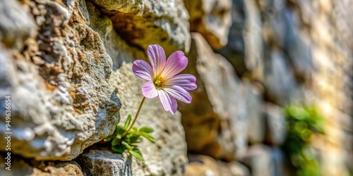 7. A delicate cinereous flower blooms in the crevice of a weathered stone wall, its petals gently swaying, a realistic photo image. photo