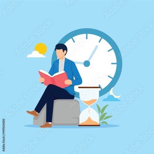 Businessman fills his free time by reading book. Business and education concept vector illustration