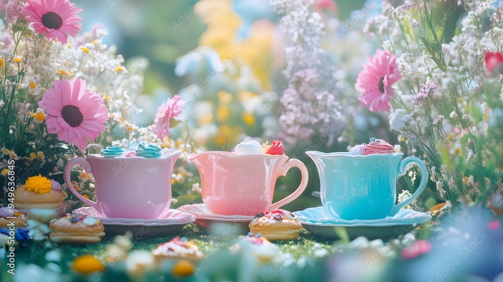 Tea party in a garden oversized teacups whimsical pastries colorful flowers Alice-in-Wonderland inspired quirky pastel colors Tea party in a garden oversized teacups whimsical pastries colorful flowers Alice-in-Wonderland inspired quirky pastel colors