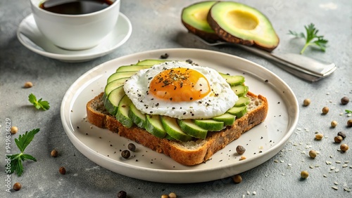 5. Avocado toast, topped with a fried egg, salt, and pepper, on a white ceramic plate, with a cup of coffee nearby, a realistic photo image.