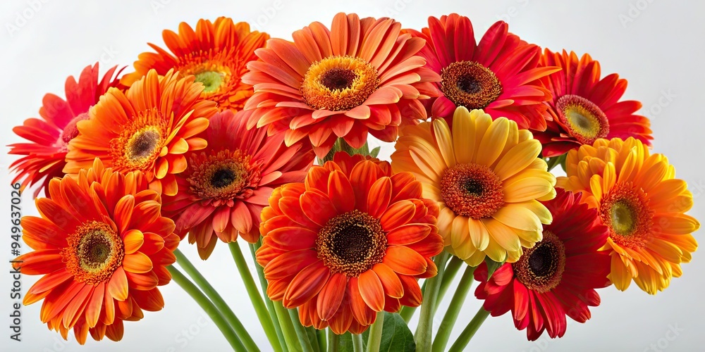 10. Bright orange red gerbera daisies arranged in a colorful bouquet, with fresh green stems, against a soft white background, a realistic photo image. 10. Bright orange red gerbera daisies arranged in a colorful bouquet, with fresh green stems, against a soft white background, a realistic photo image.