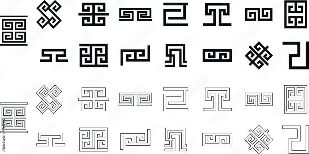 Set of Greek key frame and borders elements. Decorative ancient meander, Greek pattern ornamental flat, line vectors on transparent background. Geometric seamless pattern antique Mediterranean styles. Set of Greek key frame and borders elements. Decorative ancient meander, Greek pattern ornamental flat, line vectors on transparent background. Geometric seamless pattern antique Mediterranean styles.