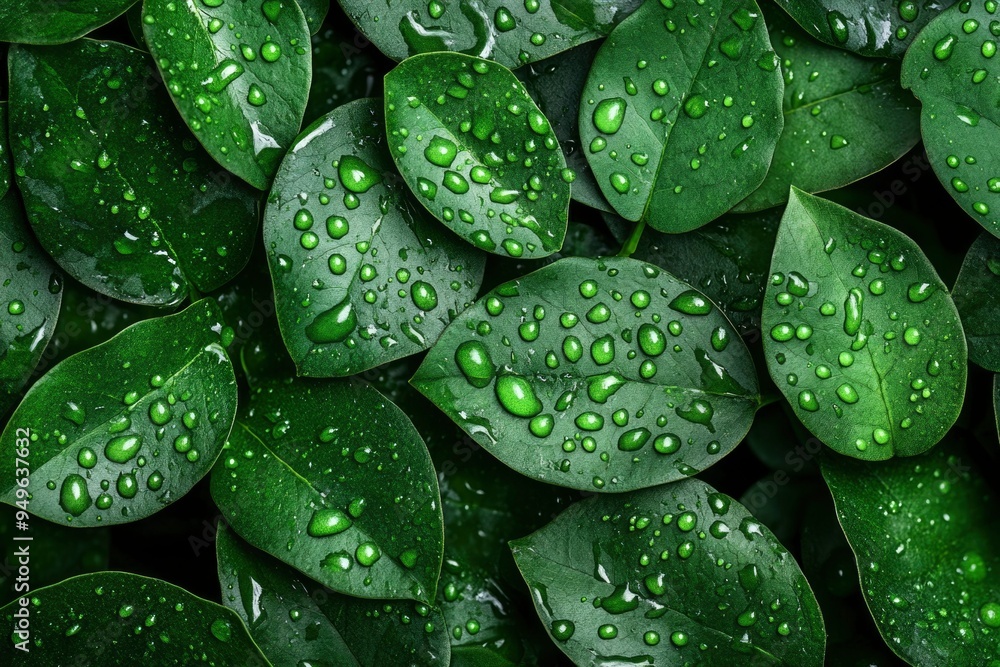 Lush Green Leaves Covered in Dew Drops Lush Green Leaves Covered in Dew Drops