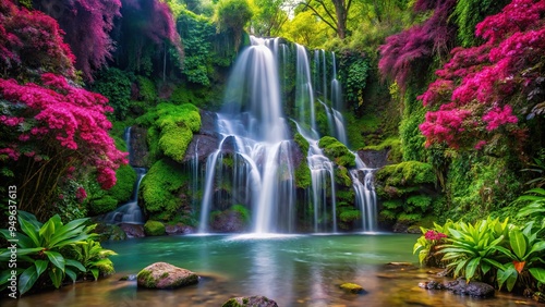10. A lush, fuchsia-hued waterfall cascades down a mossy rock face, amidst a tropical rainforest, surrounded by exotic greenery, a realistic photo image.