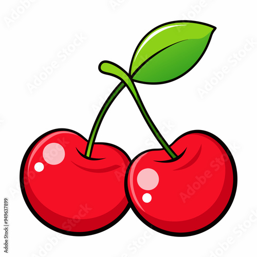 Fruitful red cherries with leaves