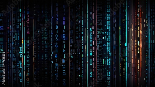 Futuristic Data Stream Visualize a flowing stream of data represented by glowing binary code, moving through a dark, cybernetic landscape with neon accents.