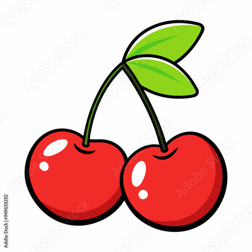 Fruitful red cherries with leaves