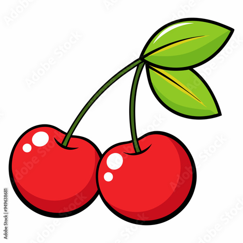 Fruitful red cherries with leaves