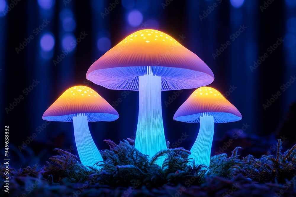 Enchanting illuminated mushrooms glow in a mystical forest setting, creating a captivating natural wonder. Enchanting illuminated mushrooms glow in a mystical forest setting, creating a captivating natural wonder.