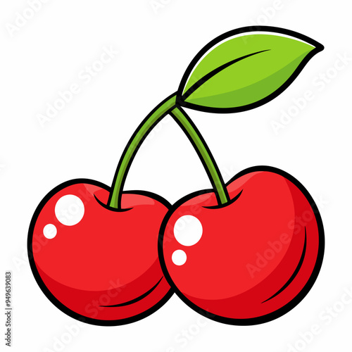 Fruitful red cherries with leaves