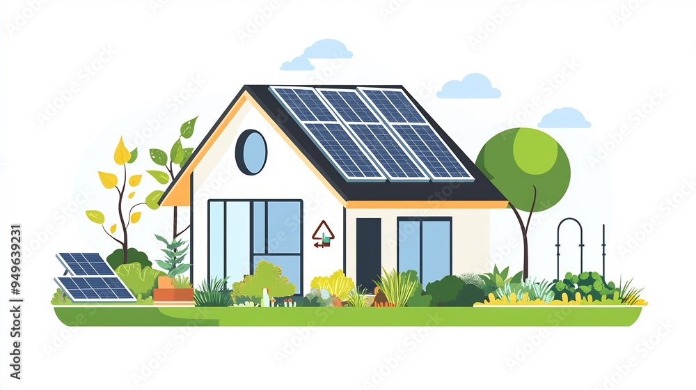 Vector of an ecofriendly house with solar panels a garden and a rainwater collection system Vector of an ecofriendly house with solar panels a garden and a rainwater collection system