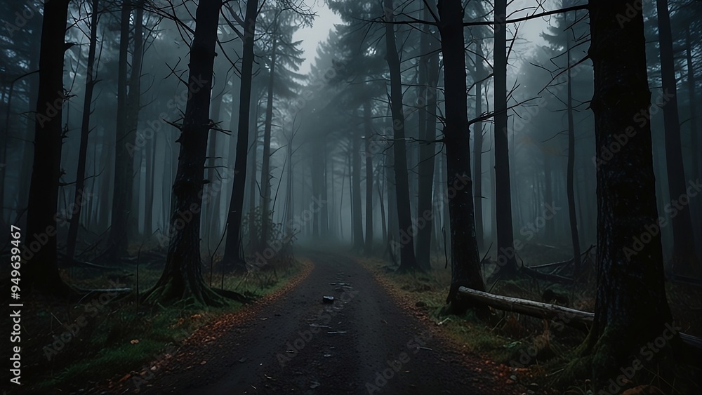 Fototapeta premium A misty forest scene with deep shadows and piercing light, evoking a moody atmosphere