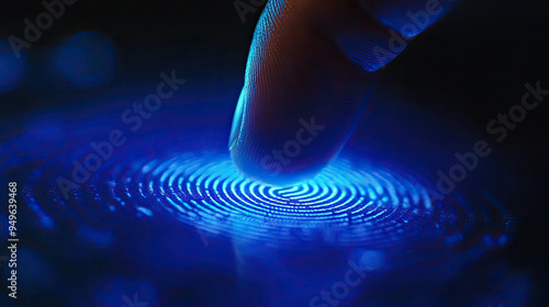 Finger Touching Blue Biometric Scanner with Glowing Digital Pattern