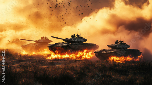 Three tanks are in a field, with one of them having the number 4 on it photo