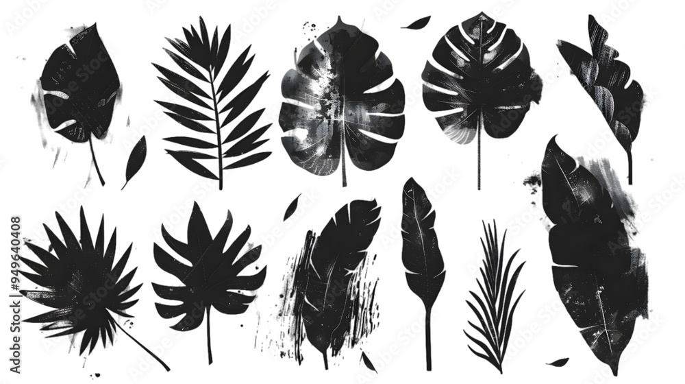 Hand drawn set of grunge modern textured brush black leaves isolated on transparent background
Hand drawn set of grunge modern textured brush black leaves isolated on transparent background