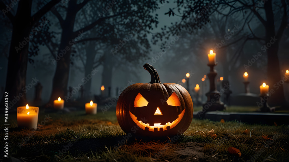 Fototapeta premium halloween pumpkin on a grave, ai generated