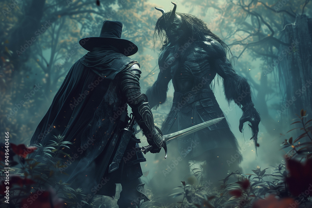 Fototapeta premium Monster Hunter with a sword faces a terrifying creature in the dark forest on Halloween night