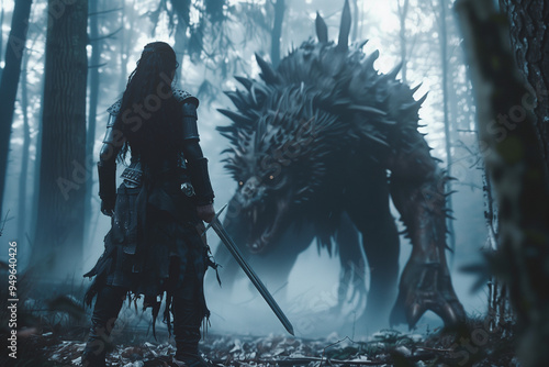 Female Monster Hunter with a sword confronts a monstrous creature in the dark forest on Halloween night photo