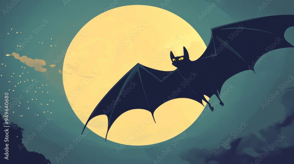 A black bat silhouette flies in front of a large full moon in a dark blue night sky. The bat's wings are spread wide, and its eyes are glowing yellow. The moon is bright and full, casting a soft glow A black bat silhouette flies in front of a large full moon in a dark blue night sky. The bat's wings are spread wide, and its eyes are glowing yellow. The moon is bright and full, casting a soft glow