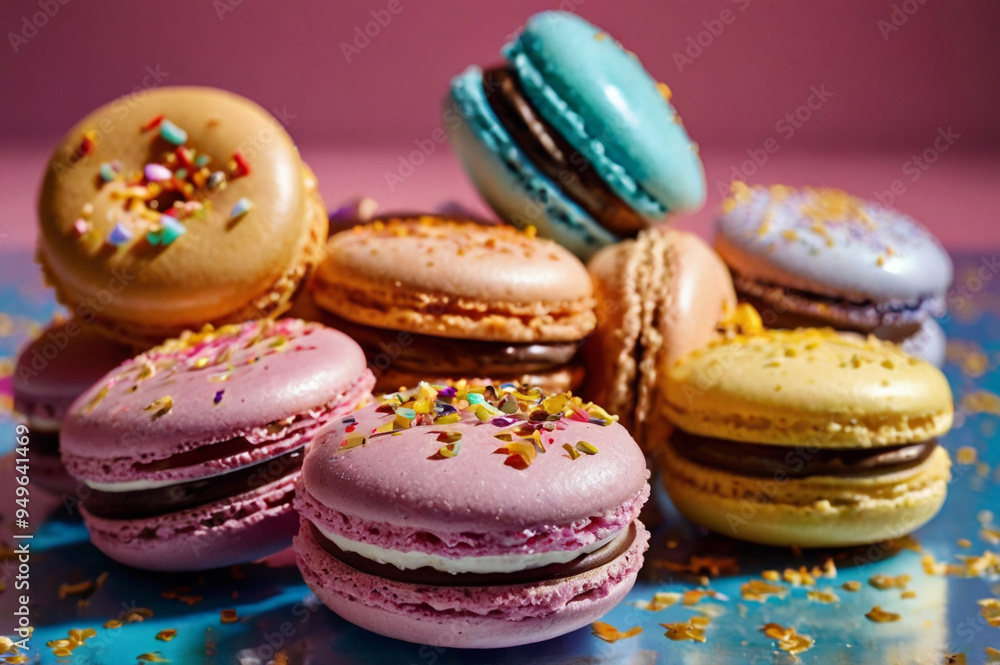 Vibrant Macaroons and Glossy Donuts with Colorful Glaze and Toppings Vibrant Macaroons and Glossy Donuts with Colorful Glaze and Toppings