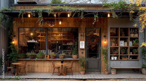 Wallpaper Mural Exterior facade of cafe shop and restaurant design Scandinavian style. Front elevation Wood and concrete material with garden view Torontodigital.ca