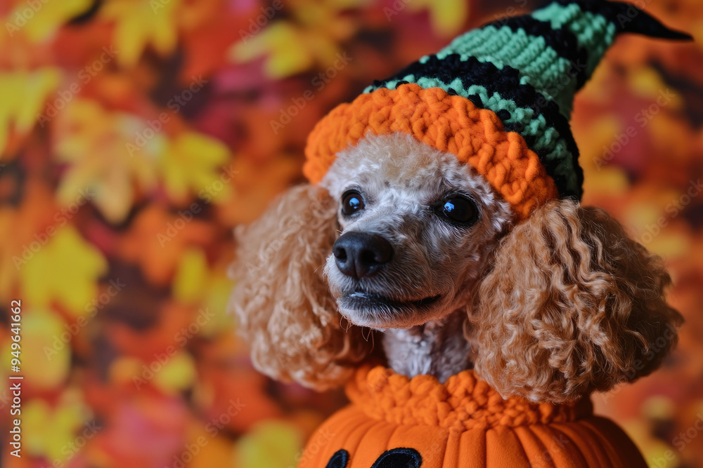 Obraz premium Poodle dressed in a pumpkin costume and witch hat with a fall leaves background
