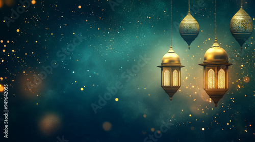 islamic illustration of ornate lantern with copy space