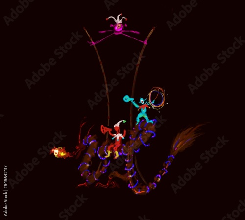 Silhouette of circus horses dogs drogan animals acrobatics performance, trapeze Chinese style illustration 